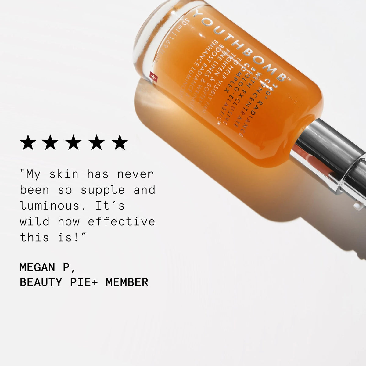 Orange skincare serum bottle with dropper on a white background, featuring a five-star rating and customer review.